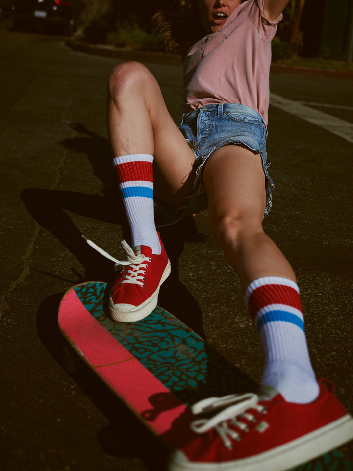 Sierra Prescott skateboarding in SOCCO socks. 