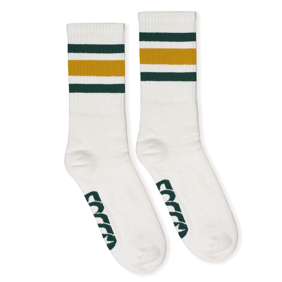 Natural colored crew with Dark Green and Gold Stripes, SOCCO Logo on the foot - Made in the USA