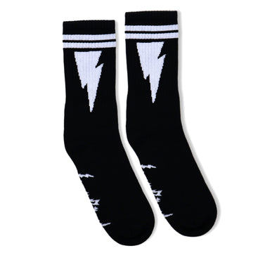Mike Vallely Signature Sock in Black with white lightning bolts and two stripes.