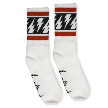 Mike Vallely Signature Sock in white with red stripes and lightning bolts.