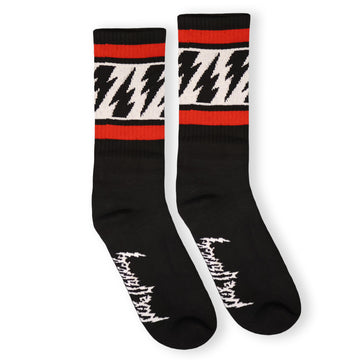 Mike Vallely Signature Socks in Black with red stripes and lightning bolts.