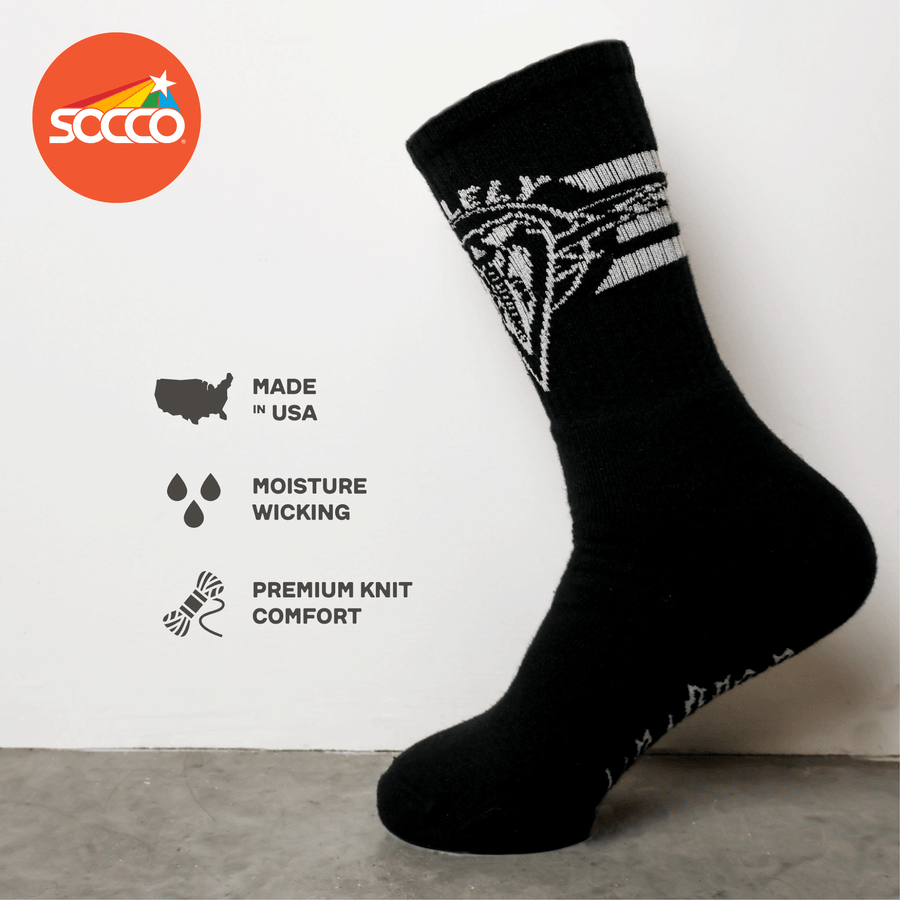 Dirty Donny x Mike Vallely Collaboration Crew Socks. Black Crew Socks with 3 white stripes on the leg. Mike Vallely's Elephant V Logo with lightning bolts in an inverted triangle on the front of the leg. 