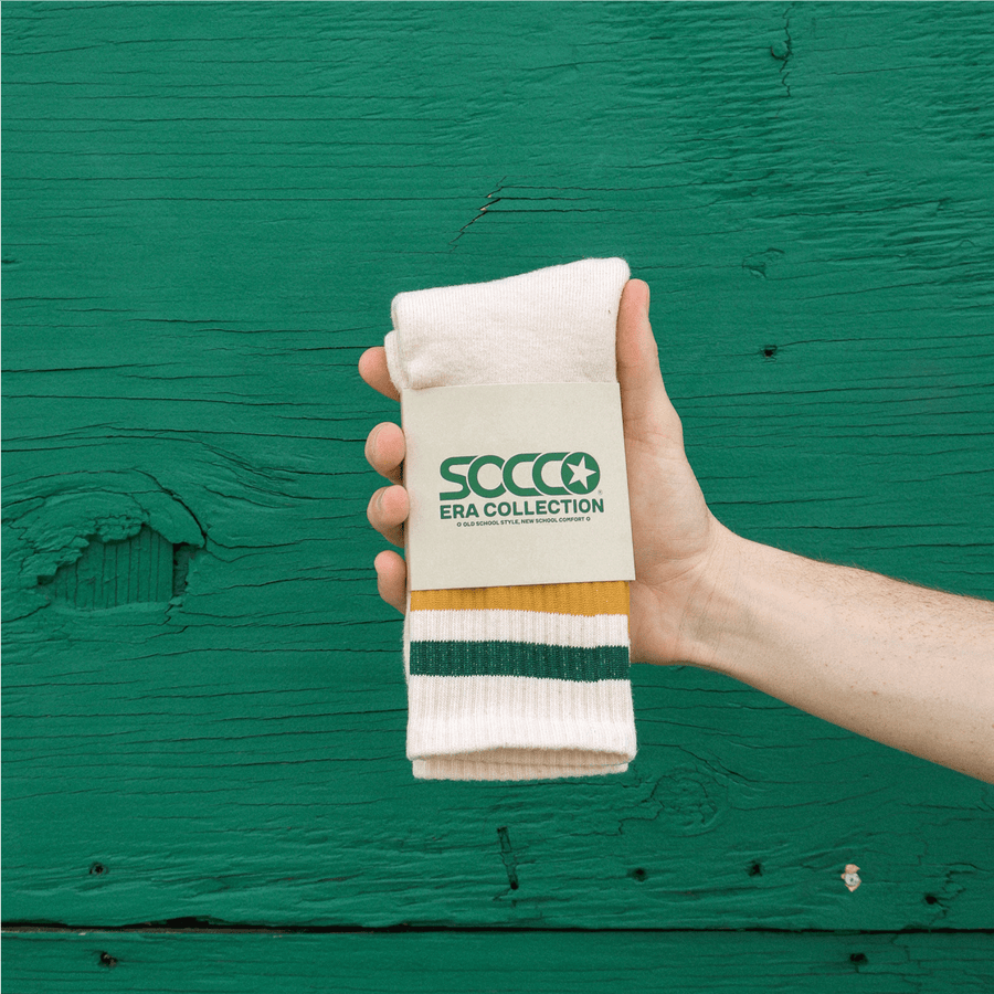 Natural colored crew with Dark Green and Gold Stripes, SOCCO Logo on the foot - Made in the USA