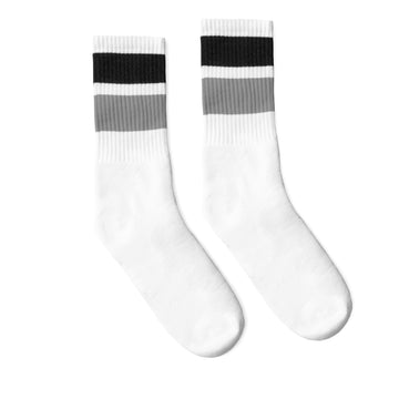 White athletic socks with two bold stripes on the leg, one Black and one Grey. For men, women and kids. Crew Sock Length.