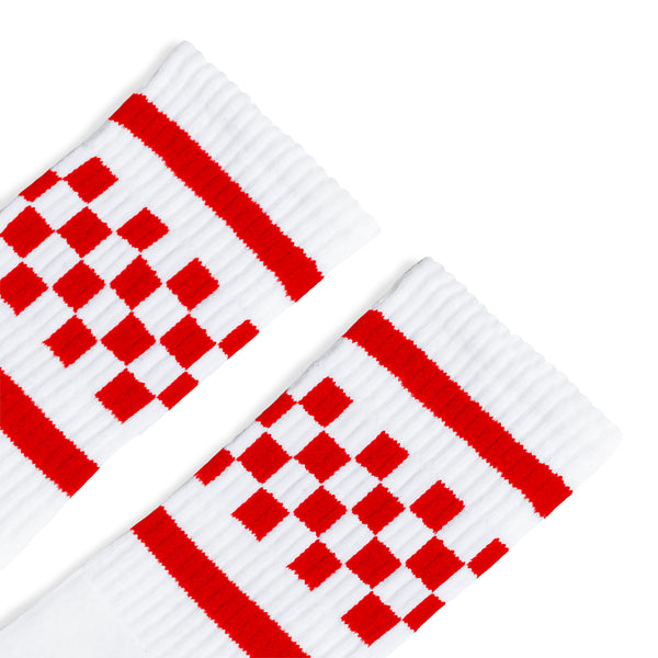 White athletic socks with two red stripes and checkers in between. For men, women and kids.
