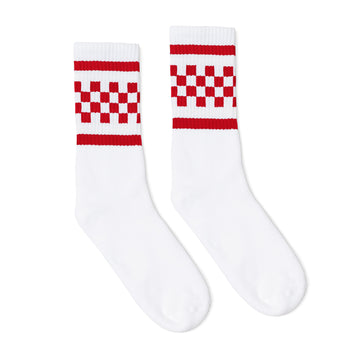 White athletic socks with two red stripes and checkers in between. For men, women and kids.