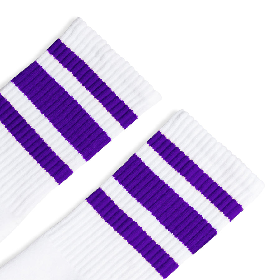 White athletic socks with three purple stripes for men, women and kids.