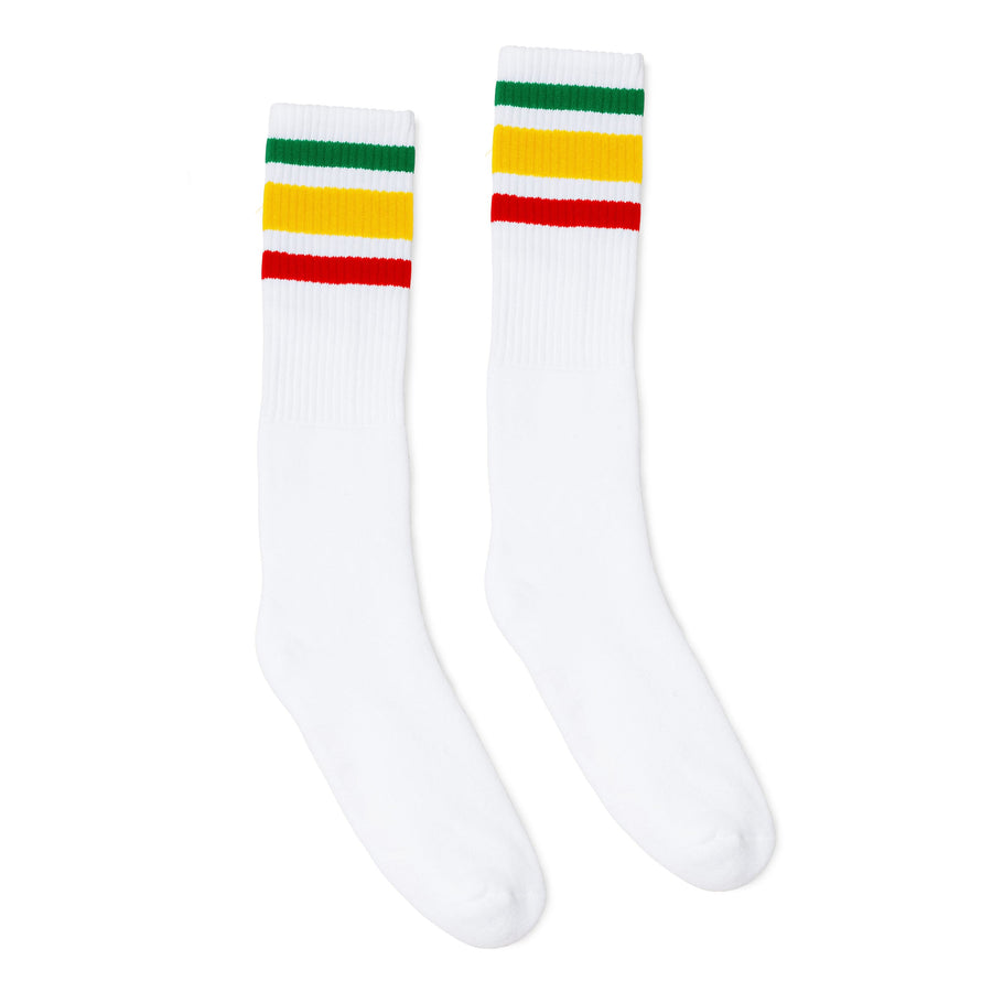Knee high white athletic socks with one red, green and yellow stripe for men, women and kids.
