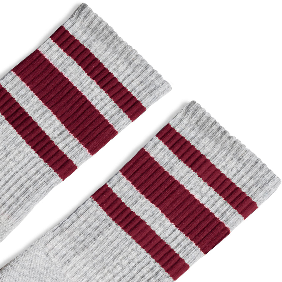 Heather Grey Athletic Crew Length Socks with 3 Maroon Stripes for Men, Women, or Kids.