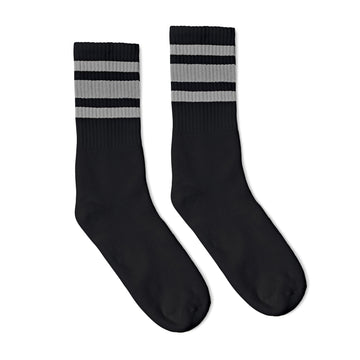 Black athletic crew length socks with three grey stripes for men, women and children.