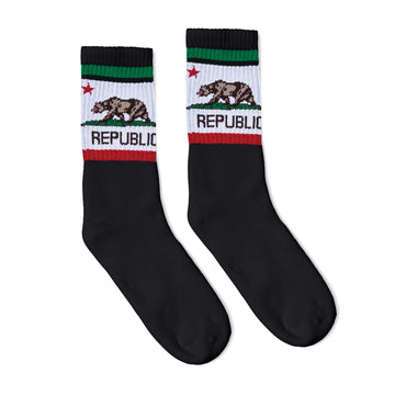 Black athletic socks with a California bear logo in white, brown, red and green. Crew socks for men, women and children.
