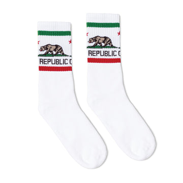 White athletic socks with a California bear logo in white, brown, red and green. Socks for men, women and children. Crew Length.