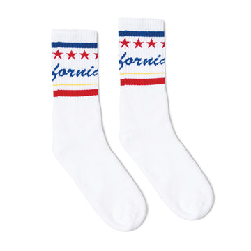 White athletic socks with California text in blue cursive over white and red and blue stripes. Crew Length Socks for Men, Women, and Children.