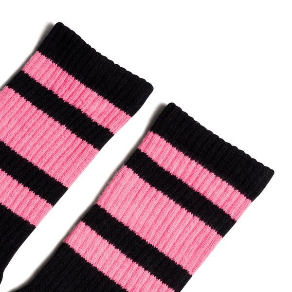 Black socks with three pink stripes for men, women and kids.