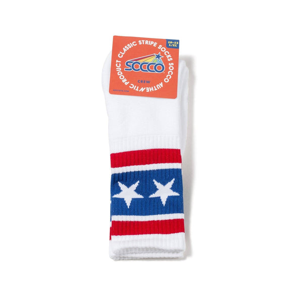 White athletic socks with two red stripes and white stars on a thick blue stripe for men, women and kids.