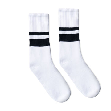 Thin & Thick Two Stripe White Crew Socks | Black Stripes 