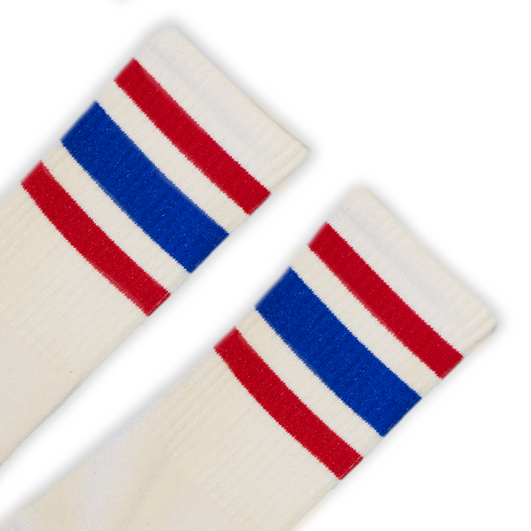 SOCCO Naturals red and blue three striped crew socks.
