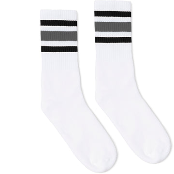 White athletic socks with black and grey stripes on the leg. Made for men, women and children. Crew Sock Length.
