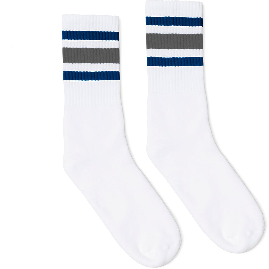 Royal and Grey Striped Athletic Socks | White | Made in USA