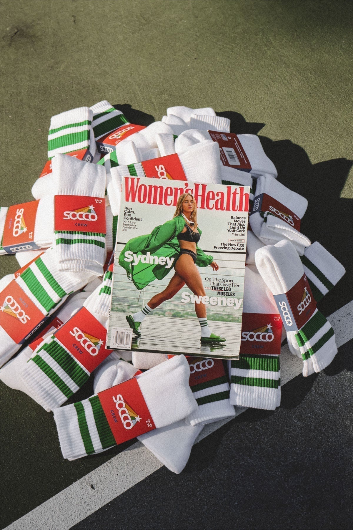 Sydney Sweeney Women's Health Magazine | White with green stripe tube socks