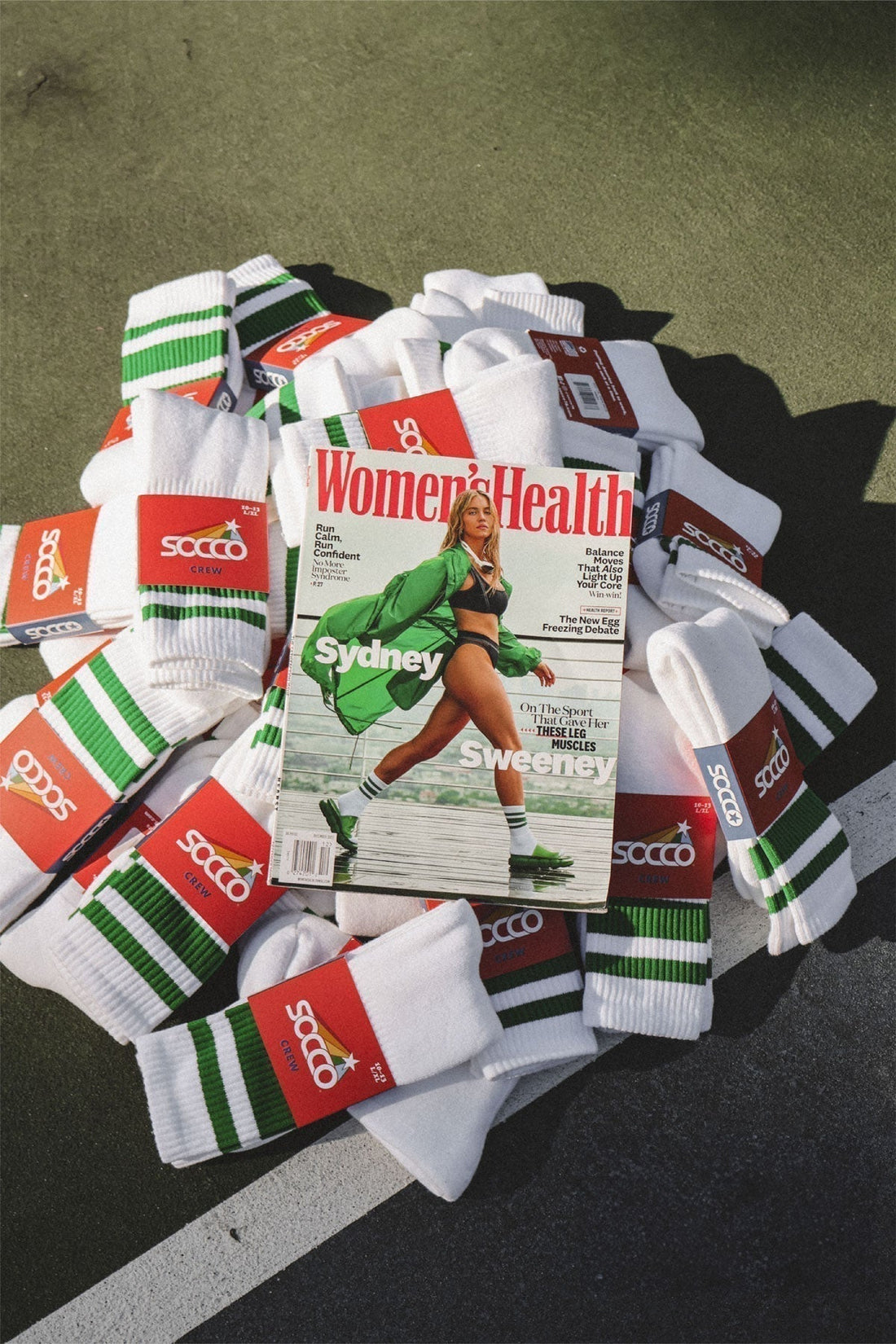 Sydney Sweeney Women's Health Magazine | White with green stripe tube socks