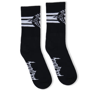 Dirty Donny x Mike Vallely Collaboration Crew Socks. Black Crew Socks with 3 white stripes on the leg. Mike Vallely's Elephant V Logo with lightning bolts in an inverted triangle on the front of the leg. "VALELLY" in all caps above the Mike V Elephant Logo.