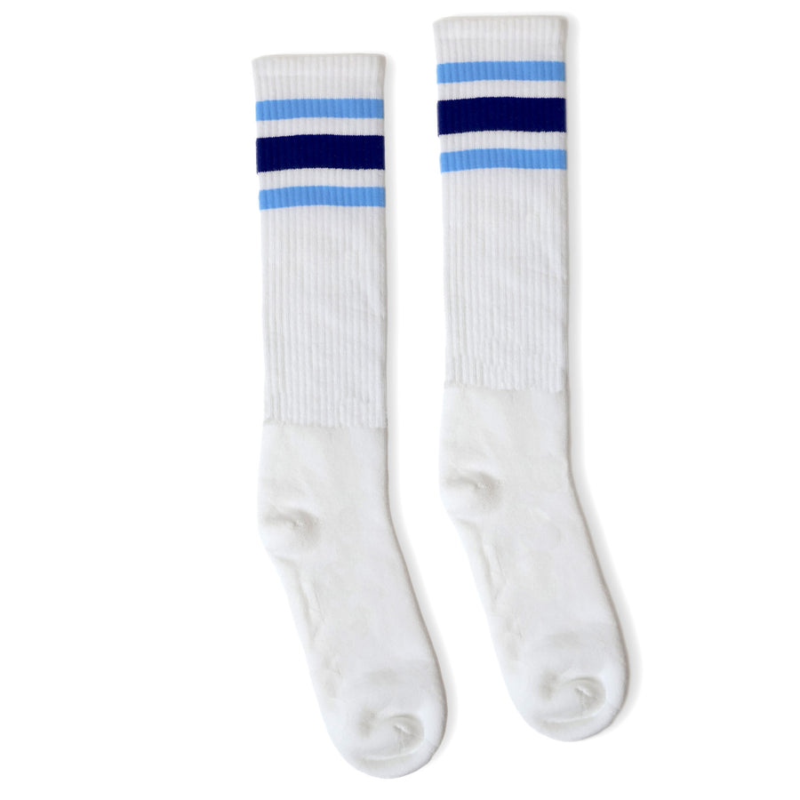 White Classic Knee High Length Socks with 3 Stripes (Light Blue, Dark Blue, Light Blue))