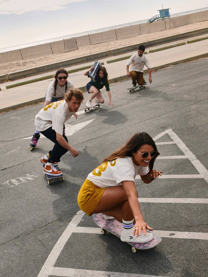 Skaters in a snake line wearing SOCCO Era Socks