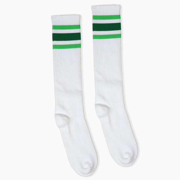 White Classic Knee High Length Socks with 3 Stripes (Light Green, Dark Green, Light Green)