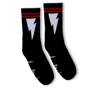 Mike Vallely Signature Sock in black with a white lightning bolt and two red stripes.