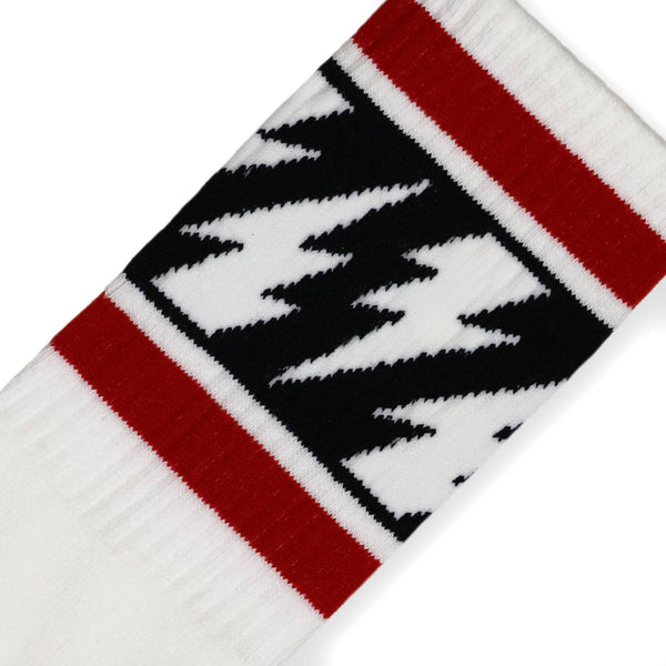 Mike Vallely Signature Sock in white with red stripes and lightning bolts.