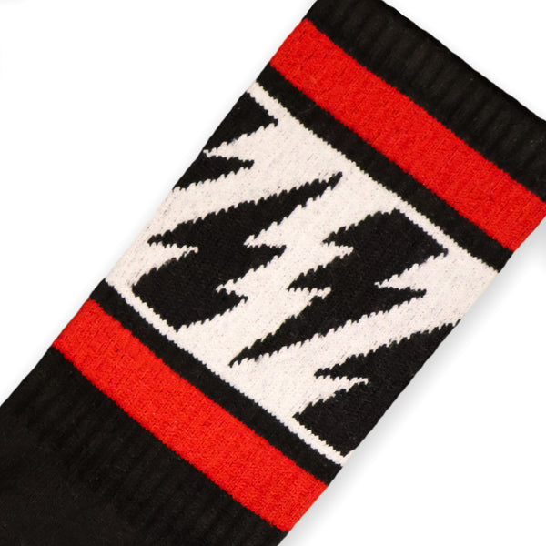 Mike Vallely Signature Socks in Black with red stripes and lightning bolts.