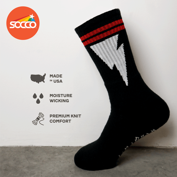 Mike Vallely Signature Sock in black with a white lightning bolt and two red stripes.