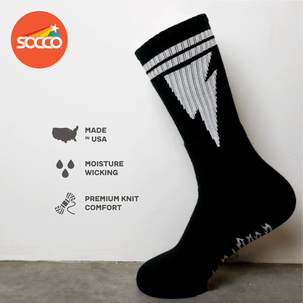 Mike Vallely Signature Sock in Black with white lightning bolts and two stripes.