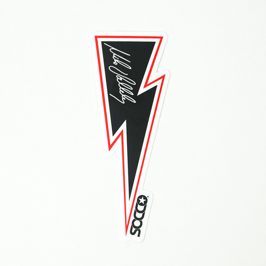 Mike Vallely Black Lightning Bolt SOCCO Sticker with his printed signature inside of the bolt in white, with a white and red outline around the outside of the bolt, SOCCO Logo in the bottom right of the sticker in black.