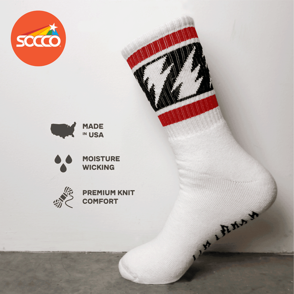 Mike Vallely Signature Sock in white with red stripes and lightning bolts.