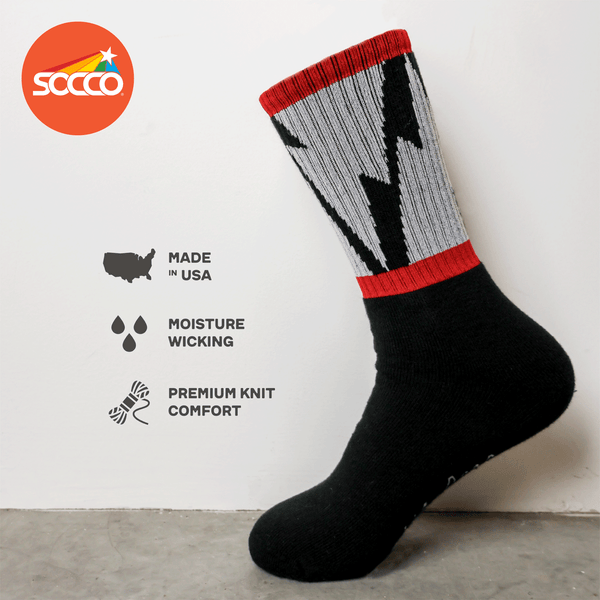 Black Crew socks with Large White Lightning Bolts decorating the leg all the way around in between two thin red stripes. Mike Vallely's Signature knitted into the bottom of the foot.