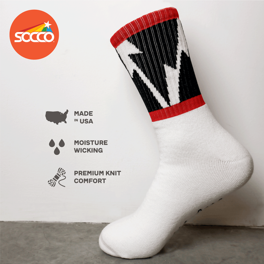 White Crew socks with Large Black Lightning Bolts decorating the leg all the way around in between two thin red stripes. Mike Vallely's Signature knitted into the bottom of the foot.