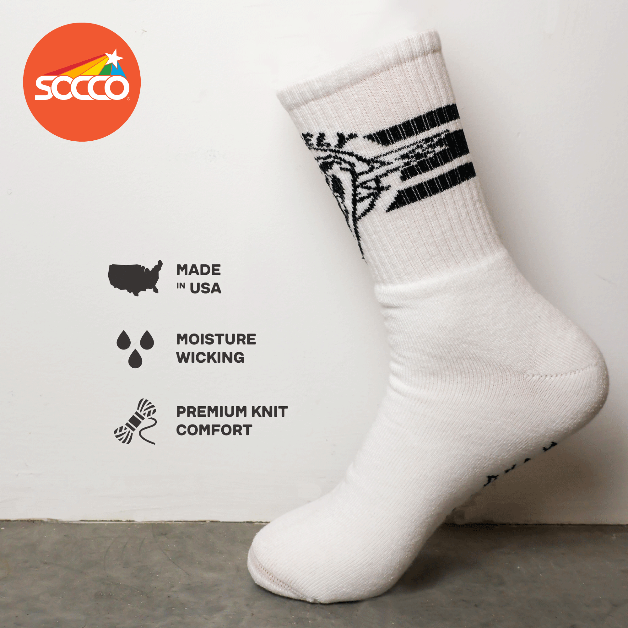 Dirty Donny x Mike Vallely Collaboration Crew Socks. White Crew Socks with 3 black stripes on the leg. Mike Vallely's Elephant V Logo with lightning bolts in an inverted triangle on the front of the leg. "VALELLY" in all caps above the Mike V Elephant Logo.