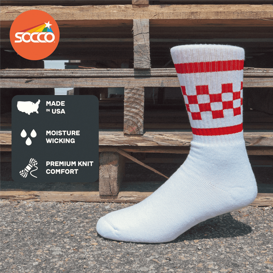 White athletic socks with two red stripes and checkers in between. For men, women and kids.
