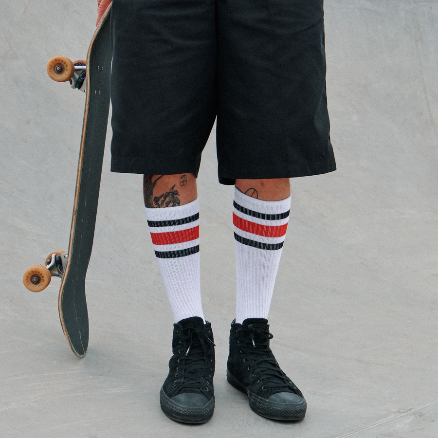 True Knee High Socks | White | Red & Black Striped