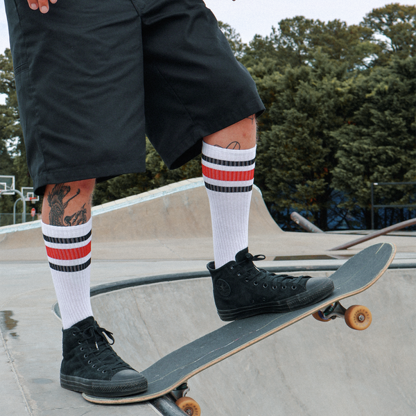 True Knee High Socks | White | Red & Black Striped