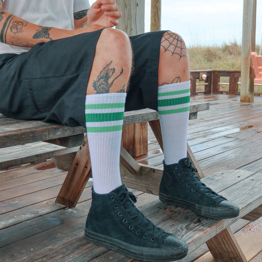 White Classic Knee High Length Socks with 3 Stripes (Light Green, Dark Green, Light Green)