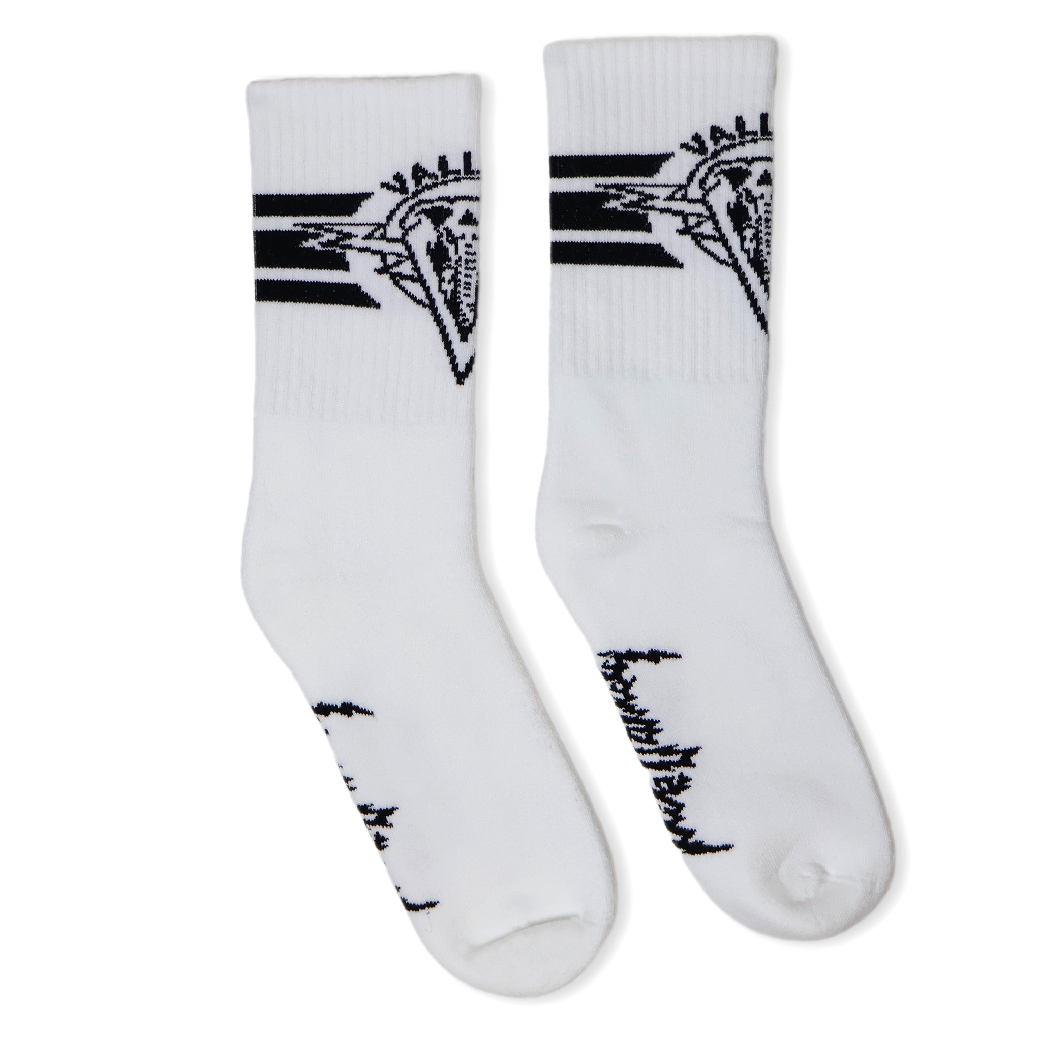 Dirty Donny x Mike Vallely Collaboration Crew Socks. White Crew Socks with 3 black stripes on the leg. Mike Vallely's Elephant V Logo with lightning bolts in an inverted triangle on the front of the leg. "VALELLY" in all caps above the Mike V Elephant Logo.