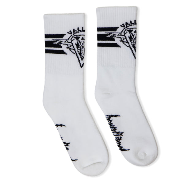 Dirty Donny x Mike Vallely Collaboration Crew Socks. White Crew Socks with 3 black stripes on the leg. Mike Vallely's Elephant V Logo with lightning bolts in an inverted triangle on the front of the leg. "VALELLY" in all caps above the Mike V Elephant Logo.