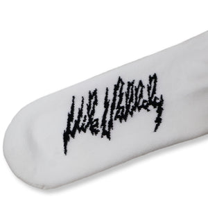 Dirty Donny x Mike Vallely Collaboration Crew Socks. White Crew Socks with 3 black stripes on the leg. Mike Vallely's Elephant V Logo with lightning bolts in an inverted triangle on the front of the leg. "VALELLY" in all caps above the Mike V Elephant Logo.