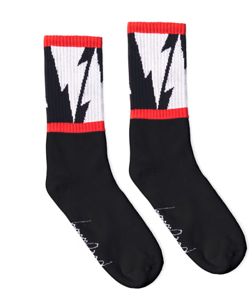 Black Crew socks with Large White Lightning Bolts decorating the leg all the way around in between two thin red stripes. Mike Vallely's Signature knitted into the bottom of the foot.