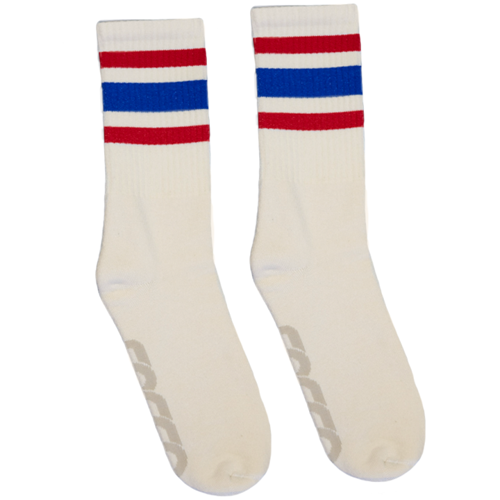 SOCCO Naturals red and blue three striped crew socks.