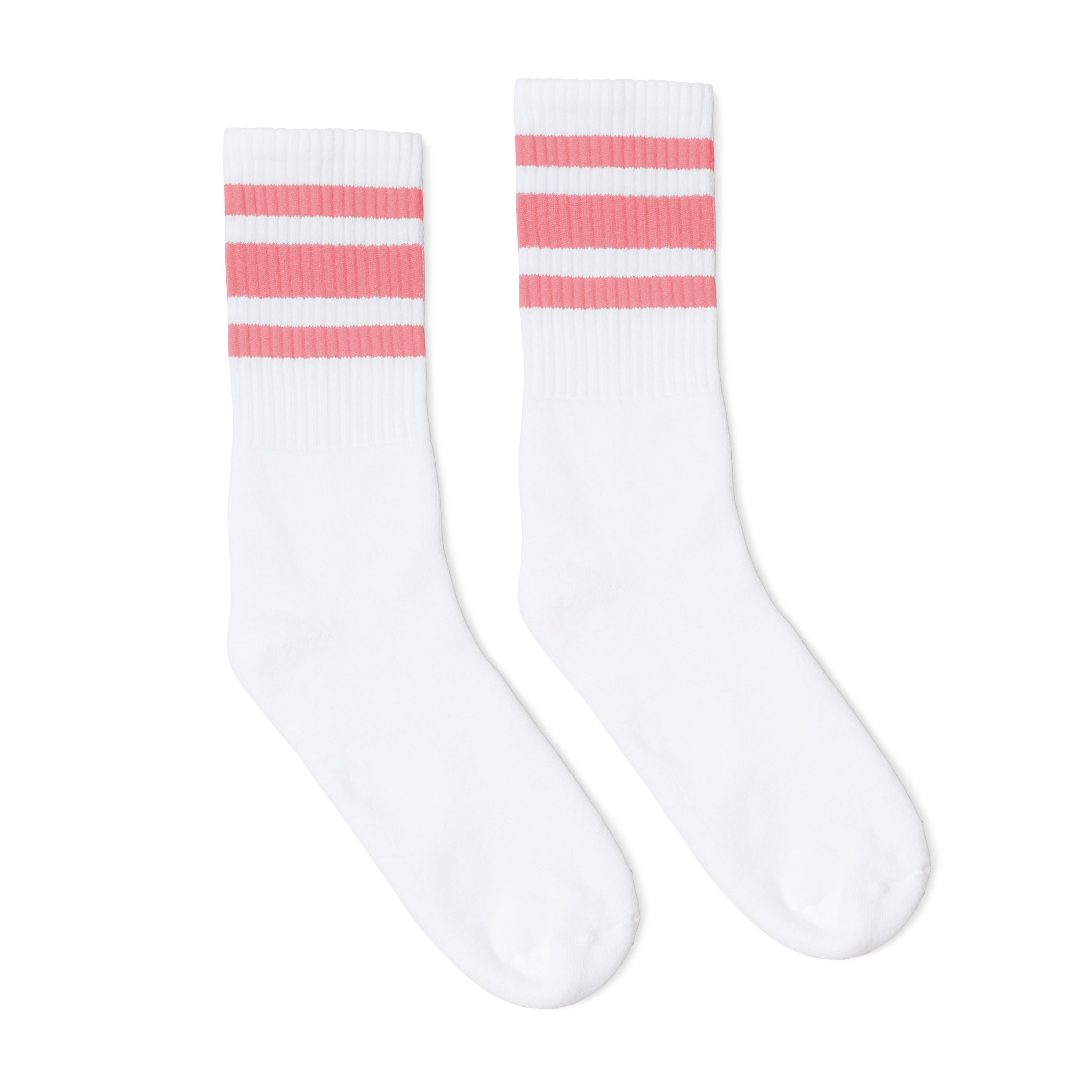 White athletic socks with three pink stripes for men, women and kids.