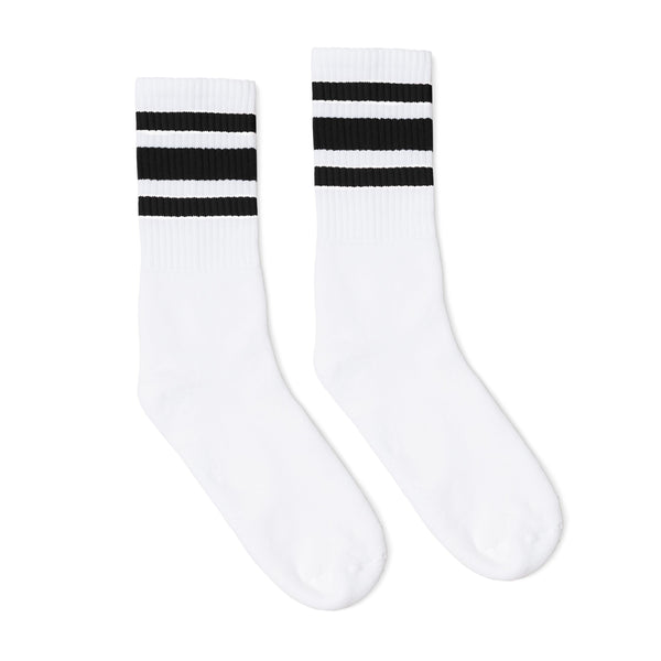 White athletic socks with three black stripes on the Leg. For men, women and kids. Crew Sock Length.